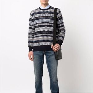 Barbour Case Men's XL Fairisle 100% Wool Crewneck Knit Navy Sweater - Midnight